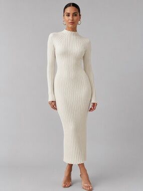 & Other Stories Sz M Ribbed Maxi Dress Cream Stretch Bodycon Minimalist Sleek